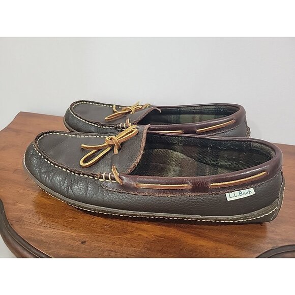 LL Bean Moccasin Slippers Mens Size 10 M Flannel Lined Brown Leather 212164 - Picture 1 of 6